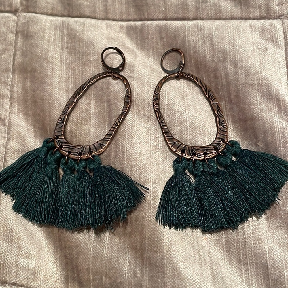 Southwestern Copper & Green Boho Fringe Tassel Hoop Earrings